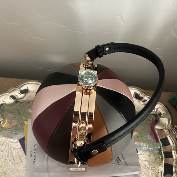 Vegan Leather Spherical Shoulder Bag With Colorful Stripes And Top Handle - Picture 4 of 6